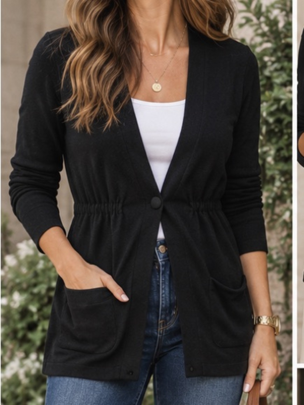 5% cashmere 95% cotton Black Open-Front Knit Cardigan with snap closure a.n.a